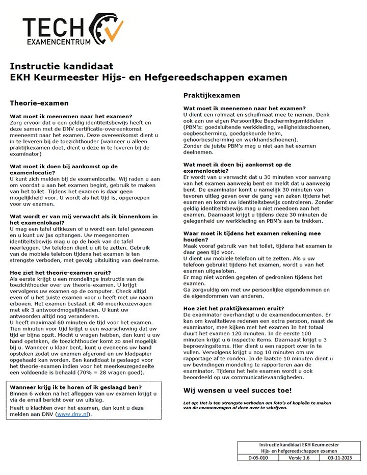 Instructies kandidaat EKH Keurmeester Hijs en Hefgereedschappen